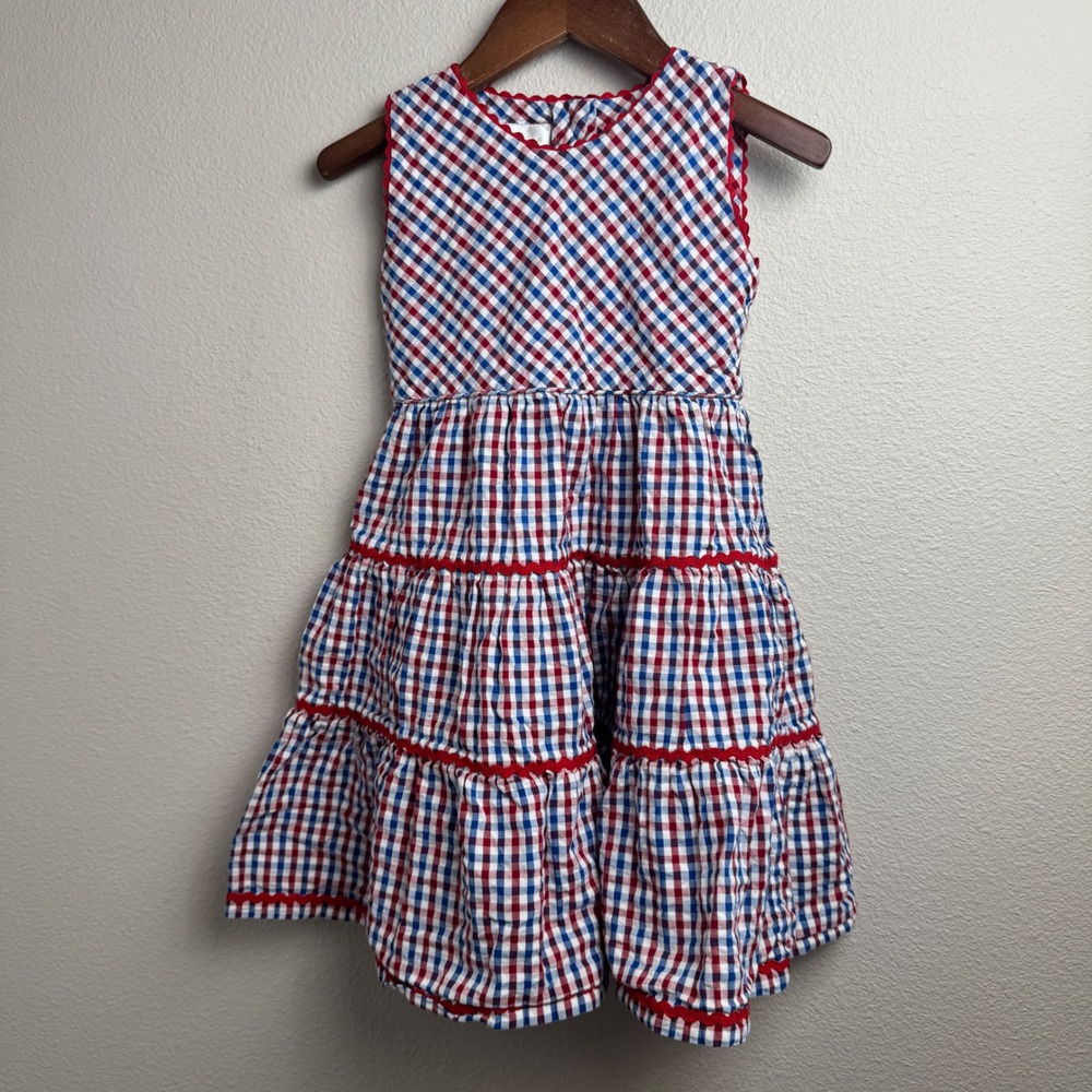 Strasburg Children Girls 4Y Gingham Tiered Dress Red White Blue Ric Rac Trim